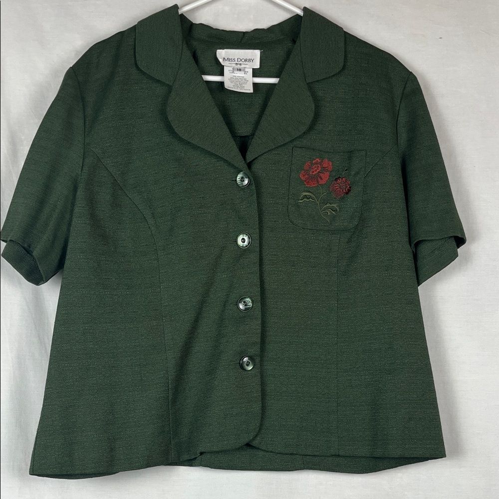 Vintage Miss Dorby Dark Green Embroidered Floral Collared Blouse
